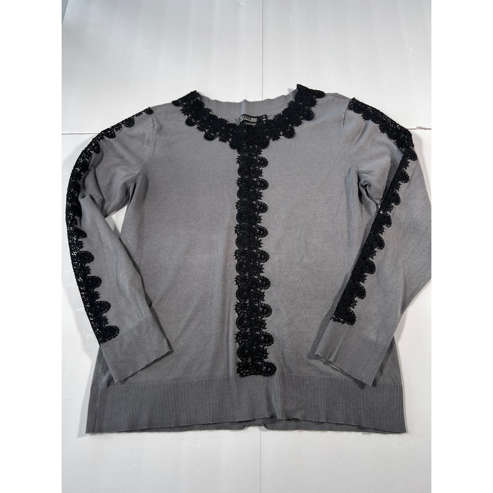 7th Avenue Design Studio NY&Co Grey Black Lace Applique Knit Sweater XL